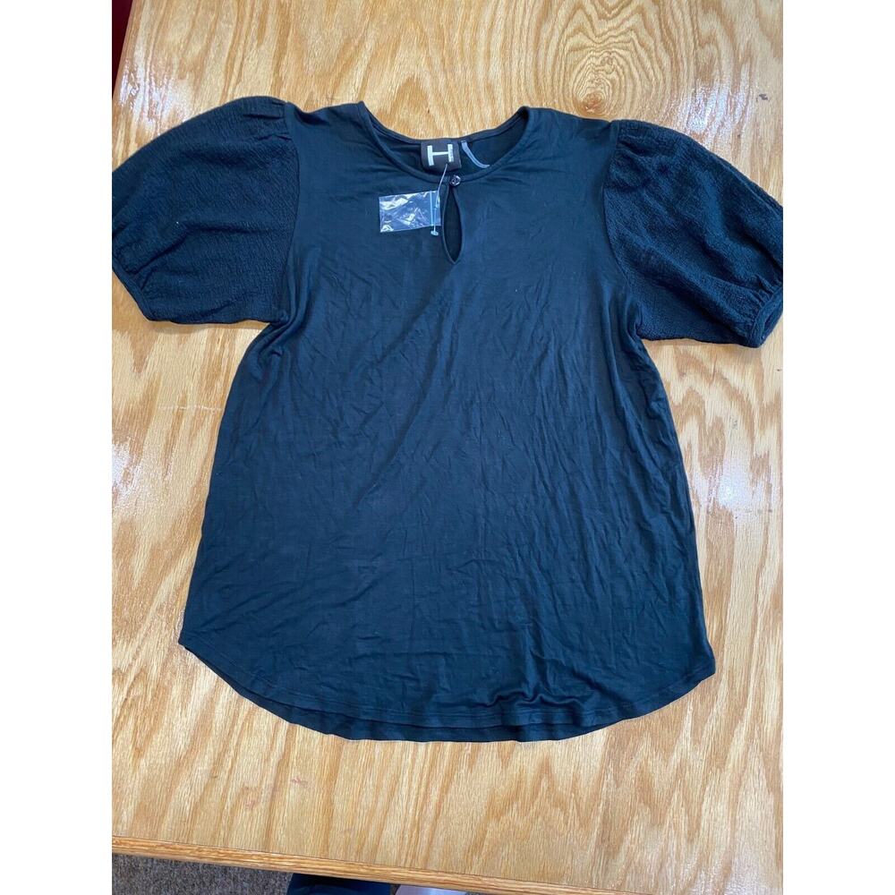 H by Bordeaux Blouse Women's Small Blue 100% Cotton Puff Sleeve Crew Neck B62